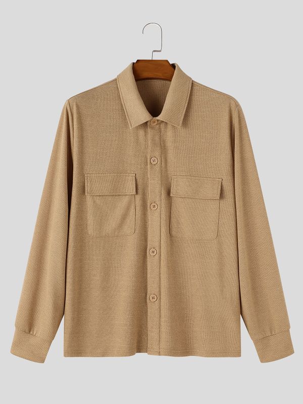 Men's Early Autumn Urban Casual Dual Flap Pocket Button Down Long Sleeve Lapel Collar Shirt SKUL81821