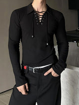 Mens Lace-Up Cross V-Neck Long-Sleeve T-Shirt SKUK88183