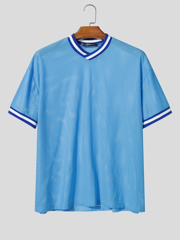 Men's Retro Athletic Mesh Breathable Contrast Striped Trim V-Neck T-shirt SKUL73695