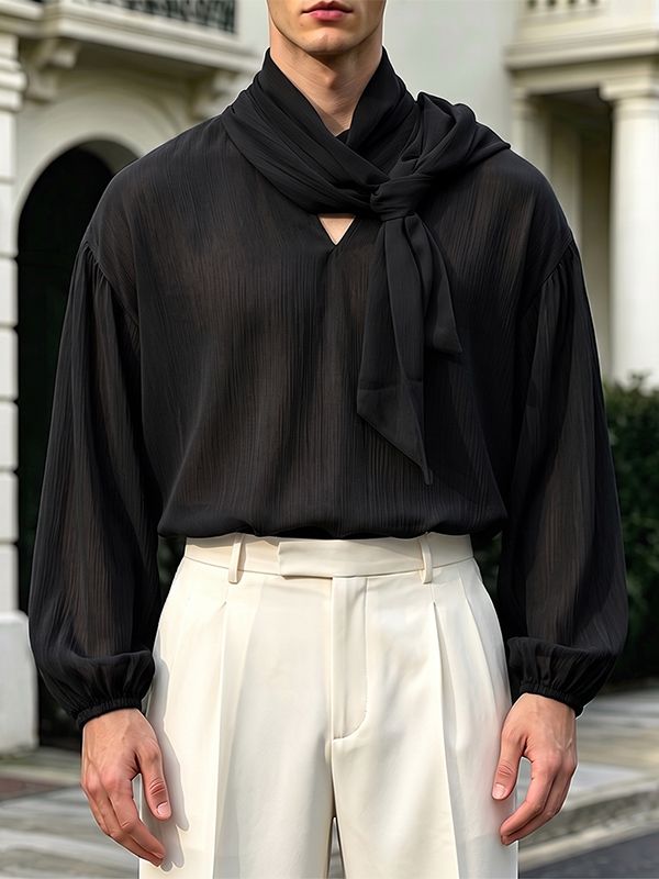 Men's Retro Party Wrapped Scarf Tie Bishop Lantern Long Sleeve Ascot Collar Shirt SKUL81164