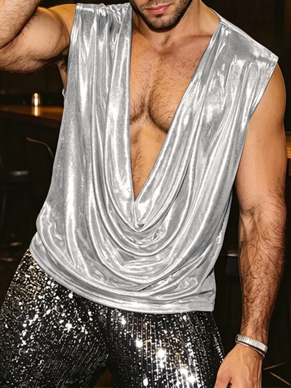 Men's Futuristic Disco Metallic Foil Deep V-Neck Cowl Neck Sleeveless Tank SKUL63145