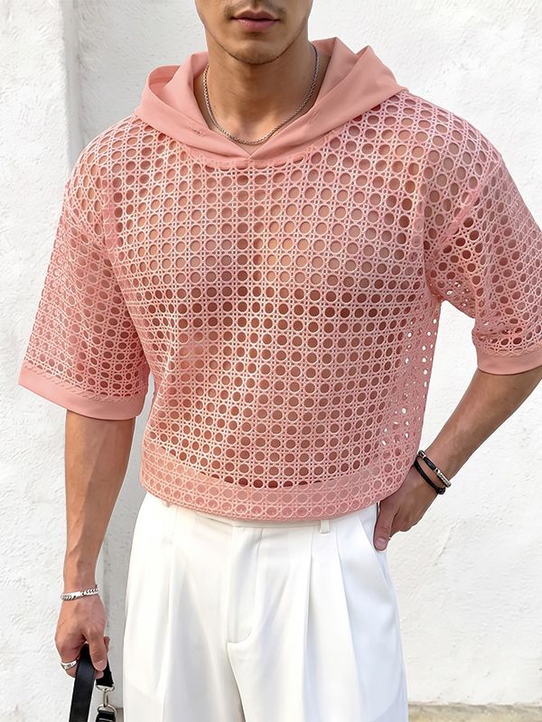 Men's Avant-Garde Geometric Open-Weave Mesh Short Sleeve T-shirt SKUL76468