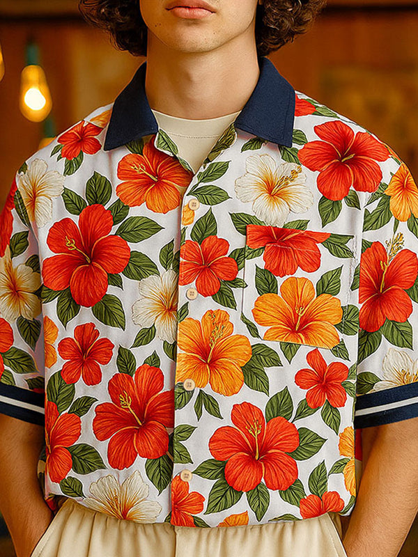 Mens Floral Print Colorblock Short Sleeve Shirt SKUL12723