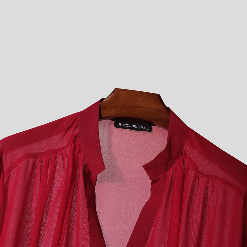 Men's Ruffle Patchwork Sheer Long Sleeve Shirt SKUL43729