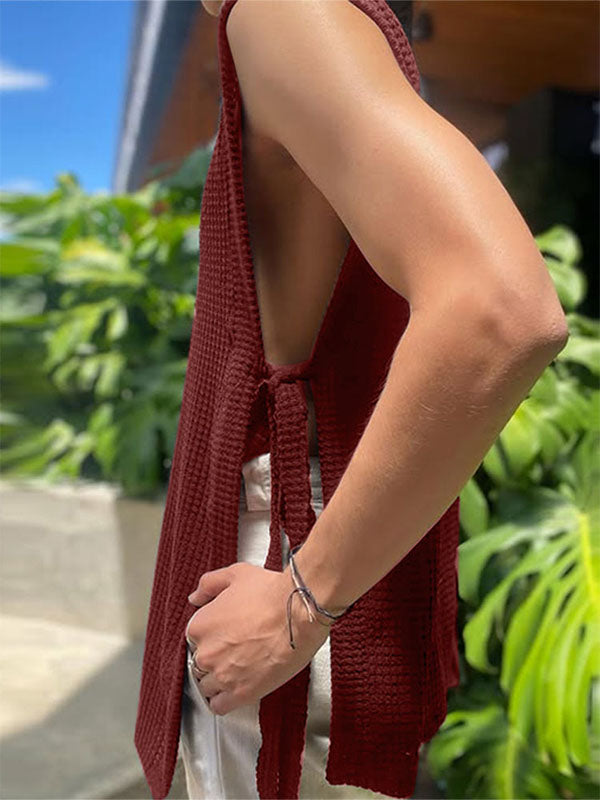 Mens Textured Split Hem Tie Sleeveless Tank SKUL06397