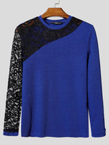 Men's Avant-Garde Nightclub Party Asymmetric Floral Lace Spliced Slim-Fit T-shirt SKUL84580