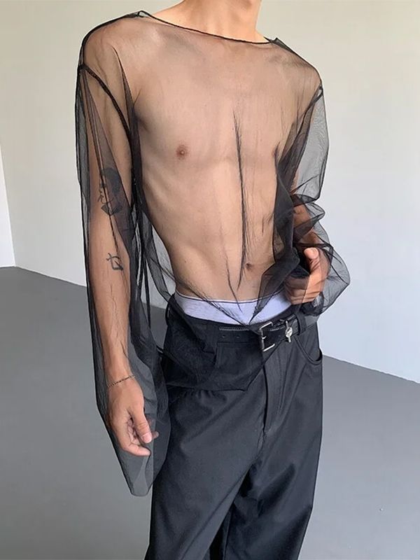 Men's Sheer Mesh Loose Long Sleeve T-Shirt SKUL29790