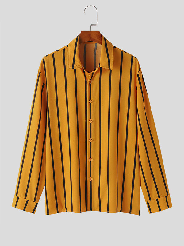 Mens Striped Lapel Collar Long Sleeve Shirt SKUK59935