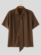 Men's Elegant Smart Casual Solid Color Attached Tie Short Sleeve Shirt SKUL77333