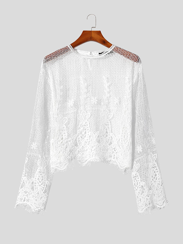 Mens Lace Fringe Trim Long Sleeve T-Shirt SKUK29409