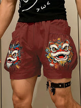 Men's Vintage Modern Chinese Lion Dance Graphic 3D Pocket Loose Cargo Short SKUL63709