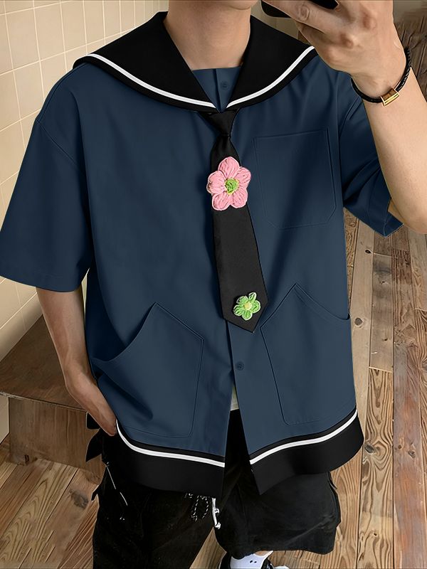 Men's Preppy Sailor Collar Contrast Color Short Sleeve Shirt SKUL41203