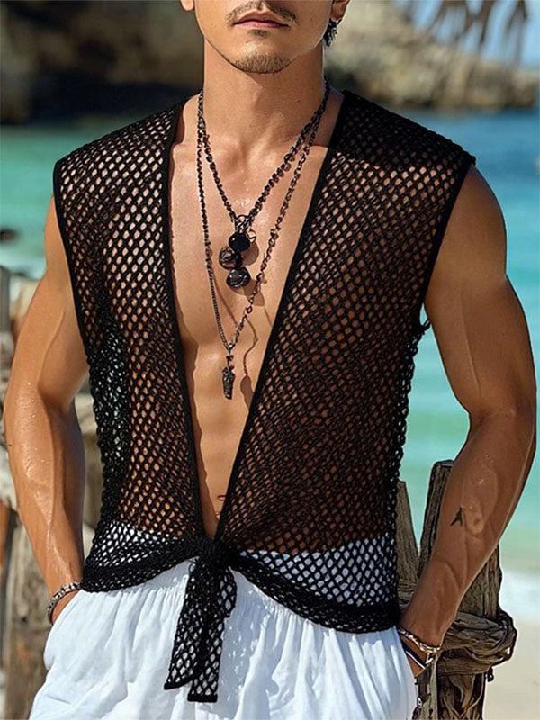Mens Sheer Mesh Hollow Sleeveless Cardigan SKUL13735