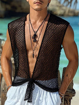 Mens Sheer Mesh Hollow Sleeveless Cardigan SKUL13735