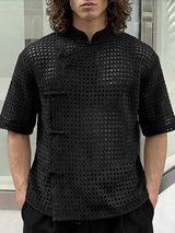 Men's Asymmetric Frog Button Hollow Out Short Sleeve Shirt SKUL56298