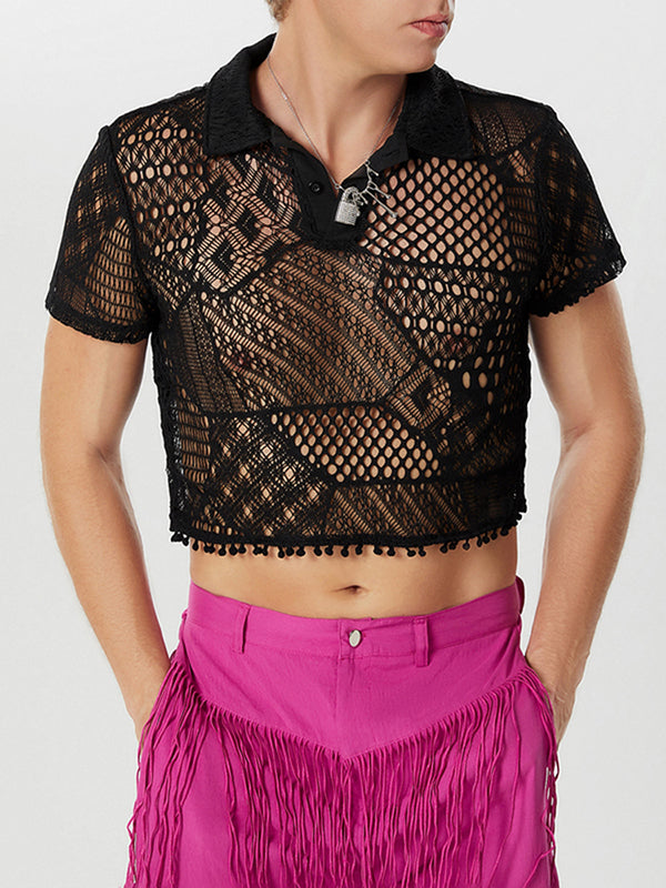 Mens Lace See Through Short Sleeve Crop Tops SKUK58191