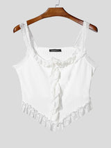 Men's Avant-Garde Lace Trim Ruffle Ribbed Knit Cropped Corset Cami Tank SKUL58763