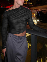 Mens Sheer Ruched Cropped Long Sleeve T-Shirt SKUK97836