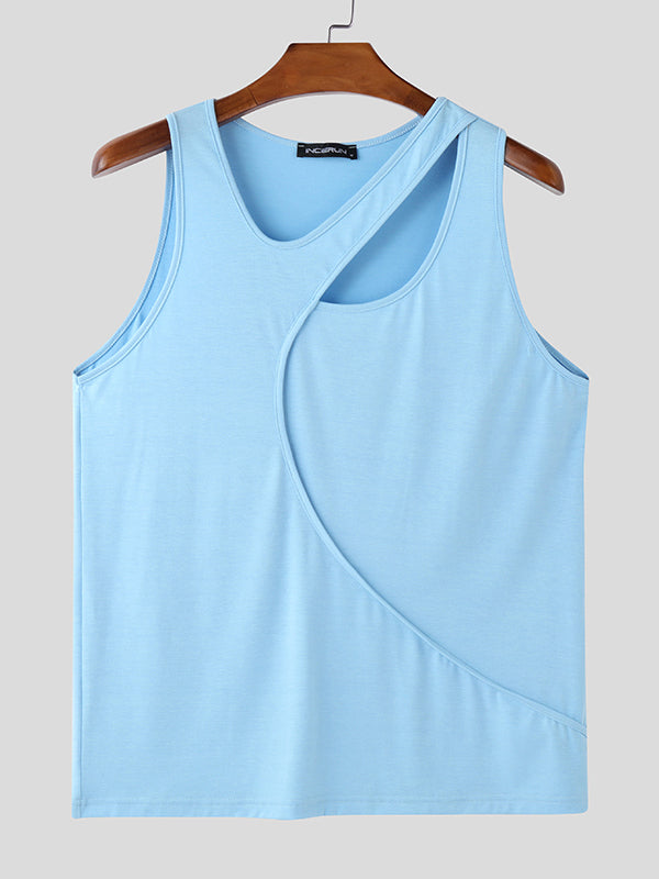 Mens Solid Color Hollow-Out Design Tank SKUK95559