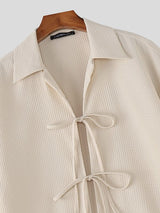 Men's Solid Color Textured Tie Short Sleeve Shirt SKUL62085