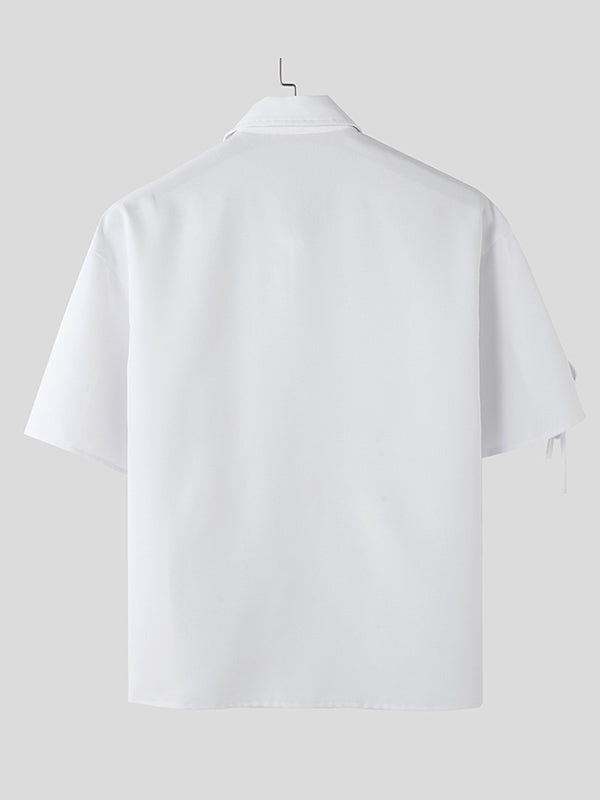 Mens Solid Color Lace-Up Patchwork Short Sleeve Shirt SKUL07812