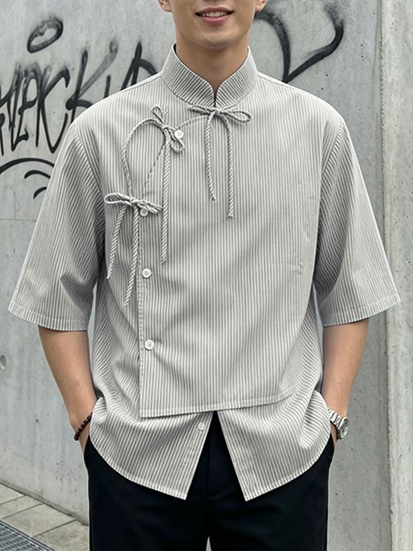 Men's Avant-Garde Neo-Chinese Pinstripe Ribbon Asymmetrical Shirt SKUL63952