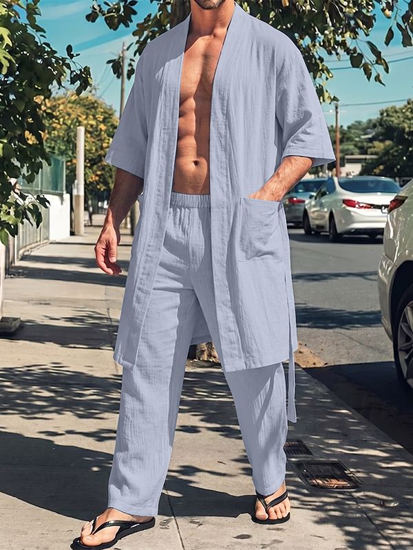 Men's Bohemian Relaxed Vibe Open-Front Mid-Length Two Pieces Outfit SKUL71418