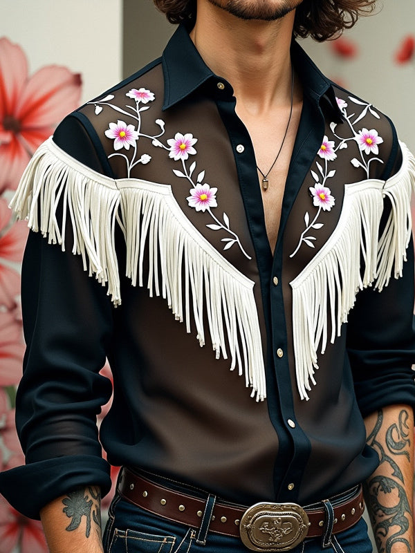 Mens Fringe Patchwork Embroidered Long-Sleeve Shirt SKUK85346