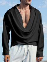 Mens Draped Neck Satin Long Sleeve Shirt SKUK78596