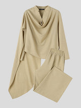 Men's Zen Minimalist Art Exhibition Draped Cape Collar Frog Button Two Pieces Outfit SKUL85354