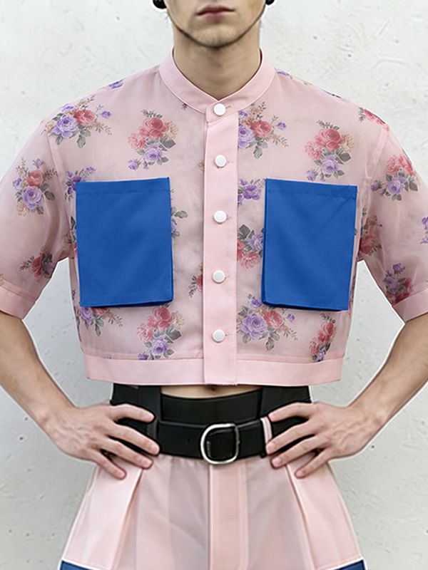 Men's Avant-Garde Floral Sheer Mesh Cropped Mandarin Collar Shirt SKUL60249