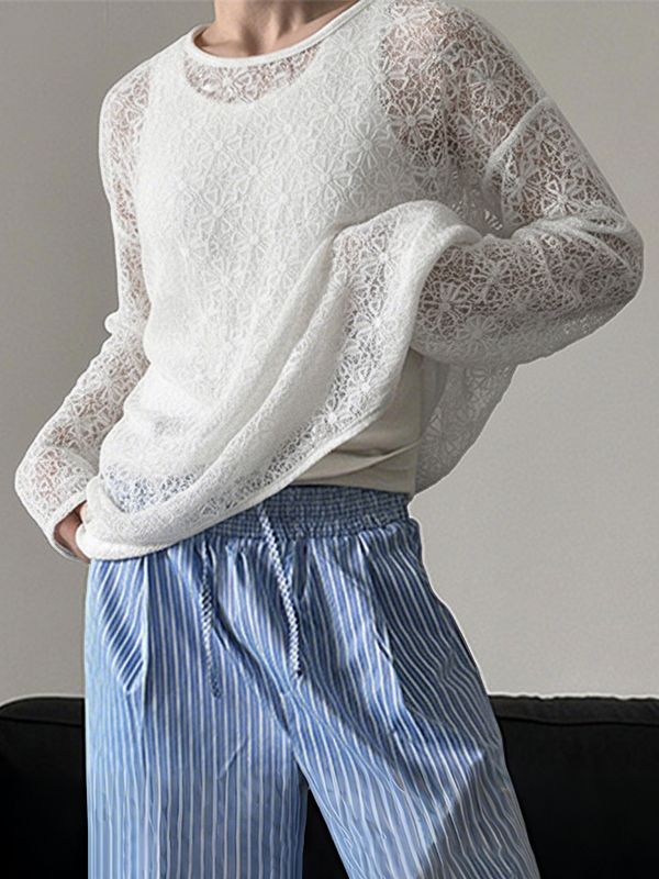 Men's Lace Hollow Knit Long Sleeve T-Shirt SKUL37528