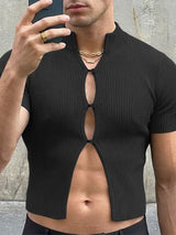 Men's Ribbed Slim Fit Mock Neck Cut Out Button Up Cropped T-shirt SKUL56542