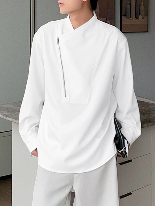 Men's Solid Color Slanted Zip Long Sleeve Shirt SKUL41387