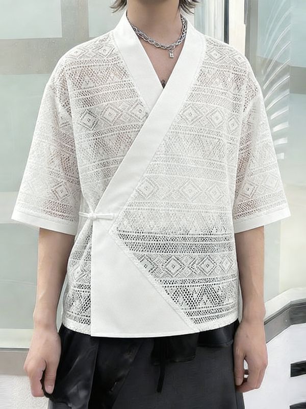 Men's Avant-Garde Geometric Hollow-Out Lace New Chinese Style Wrap Cardigan SKUL55355