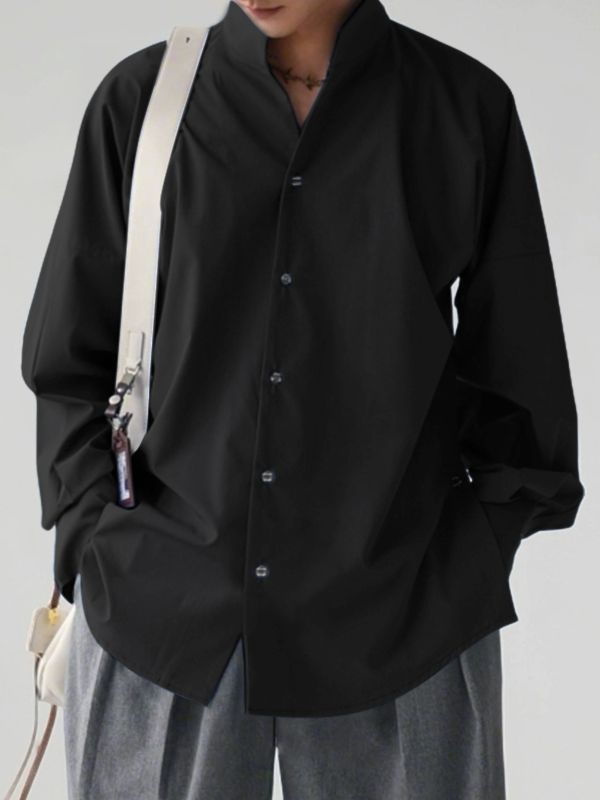 Men's Asymmetrical Waist Stand Collar Long Sleeve Shirt SKUL35137