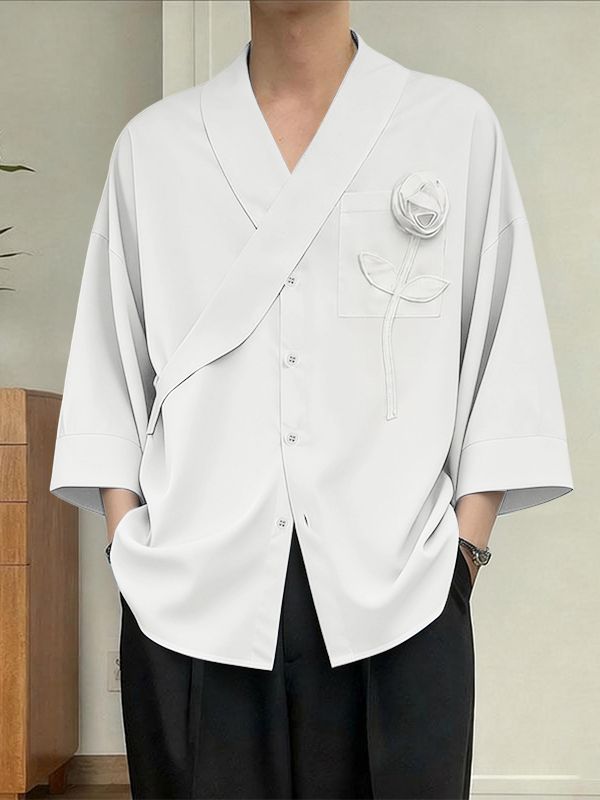 Men's 3D Long-Stem Rose Patch Overlap Shirt SKUL61944