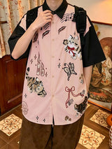 Men's Vintage Japanese Cityboy Cat Graphic Contrast Stitching Short Sleeve Shirt SKUL63833