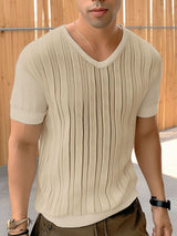 Mens Knit Hollow V-Neck Short Sleeve T-Shirt SKUK51052