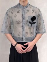 Men's Avant-Garde Sheer Floral Organza 3D Rose Appliqué Stand Collar Boxy Cropped Shirt SKUL75793