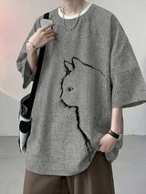 Men's Vintage Cityboy Cat Graphic Oversized Short Sleeve T-shirt SKUL68416