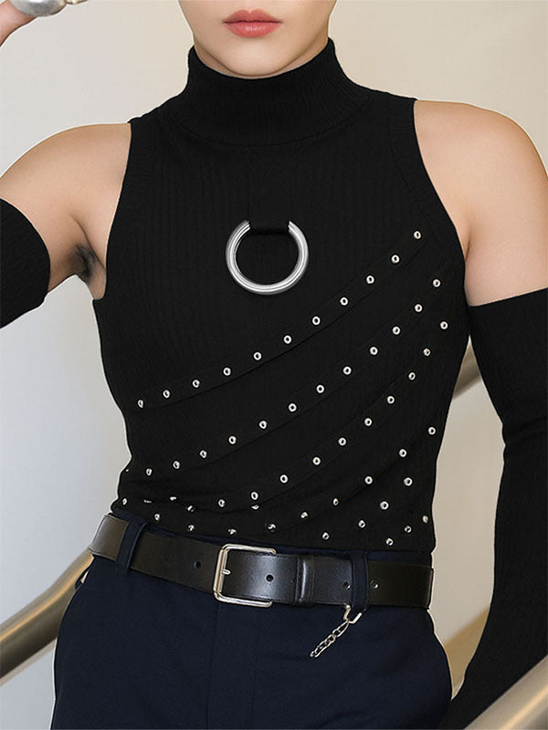 Men's Grommet Lace-Up Patchwork T-Shirt SKUL21165