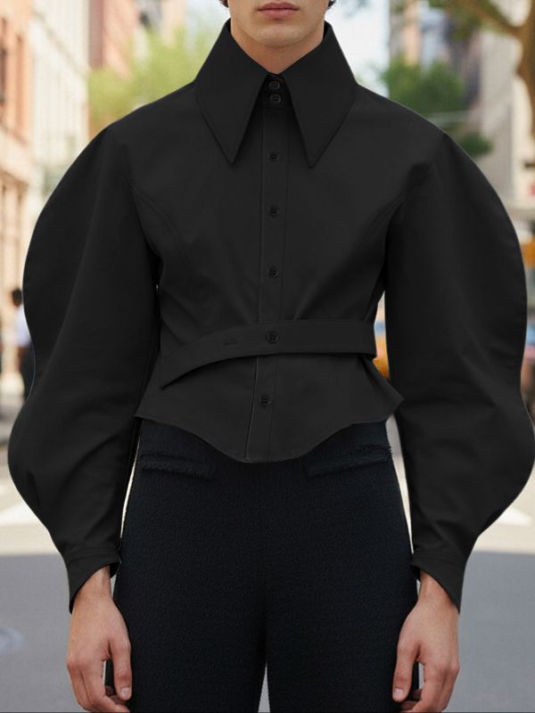 Men's Solid Color Cinched Waist Gigot Sleeve Shirt SKUL47870