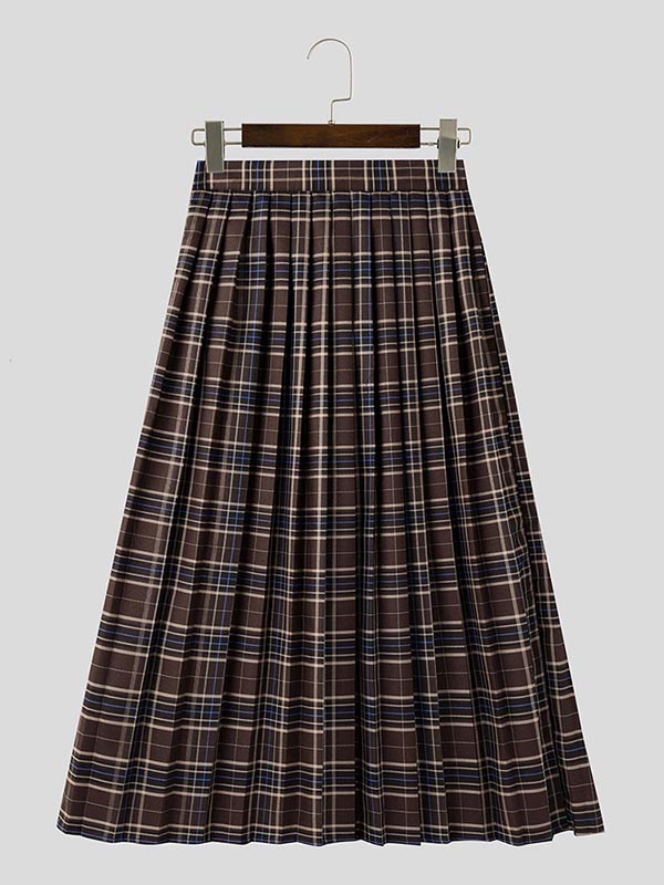 Mens Casual Colorblock Pleated Plaid Skirt SKUK91151