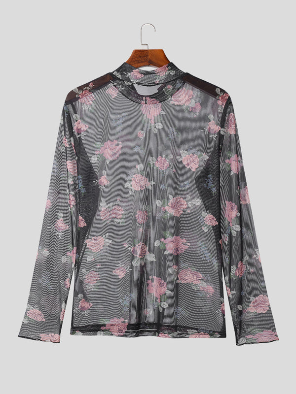 Mens Floral Print Mesh Long Sleeve T-Shirt SKUK27752