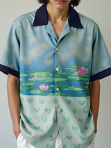 Men's Lotus Print Color Block Short Sleeve Shirt SKUL16812