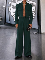 Men's Zen Minimalist Art Exhibition Stand Collar Flap Pocket Cropped Two Pieces Outfit SKUL84620