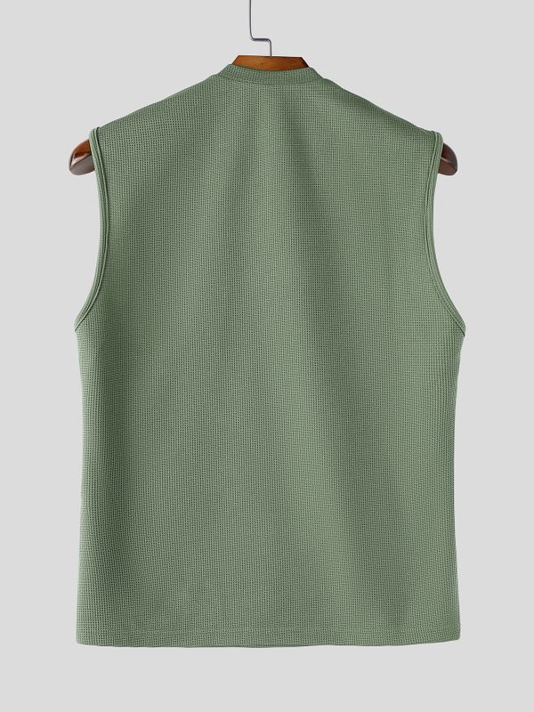 Men's Avant-Garde Deconstructed Mock Neck Waffle Texture Fitted Tank SKUL72766