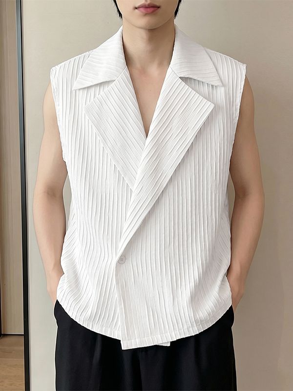 Men's Avant Garde Pleated Crinkle Wrap Lapel Deep V Neck Waistcoat SKUL70468
