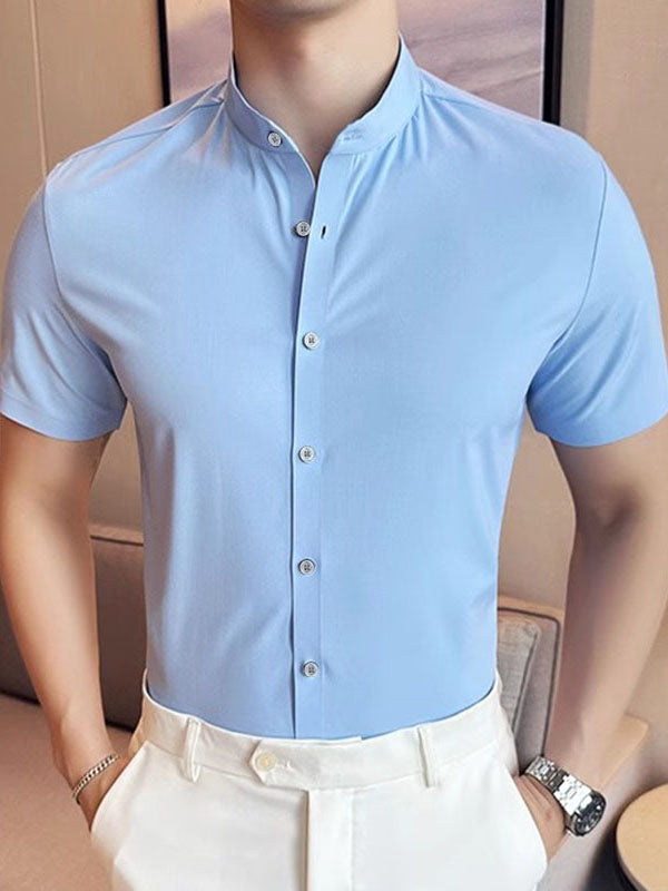 Mens Solid Stand Collar Short Sleeve Shirt SKUK63638